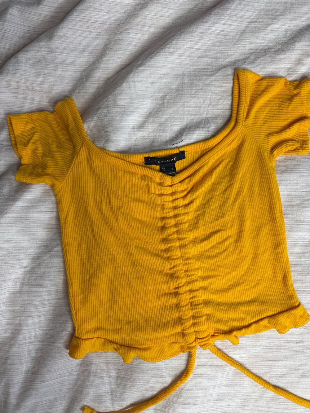 Revamped Mustard Yellow Ribbed Drawstring Crop Top - Picture 2 of 5